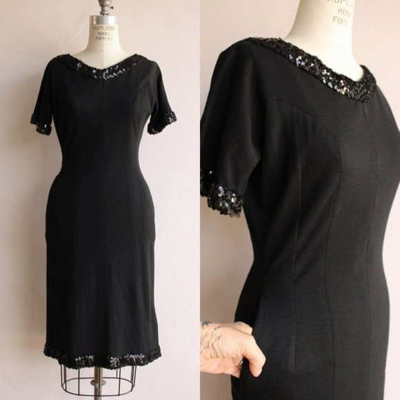 Vintage 1960s Dress / Black Wiggle Dress with Pockets and Sequin Trim / V Neck - Picture 1 of 10